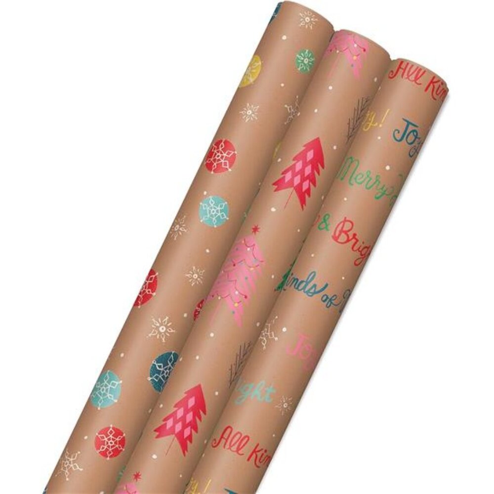 Christmas Wrapping Paper Rolls, Brown Kraft Holiday Gift Wrap (Pack of 3: 90)
